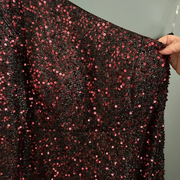 Elegant Black Red Sequin One-Shoulder Split Thigh Belted Dress Plus Size 2X - Picture 4 of 8